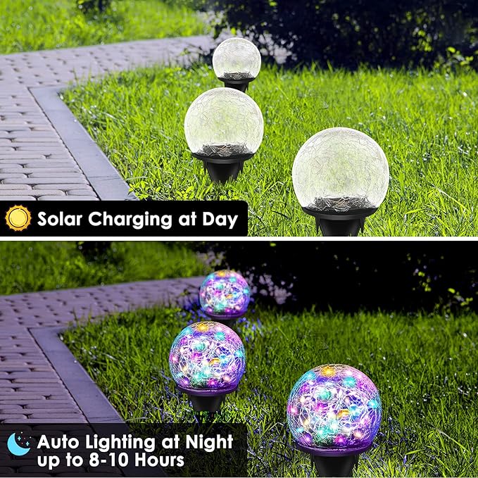 Solar Garden Lights, 2 Pack 80 LED Multicolor Cracked Glass Solar Outdoor Lights Decorative, Upgraded Waterproof Ball Light for Yard Pathway Patio Lawn Christmas Outside Decor, 5.9"