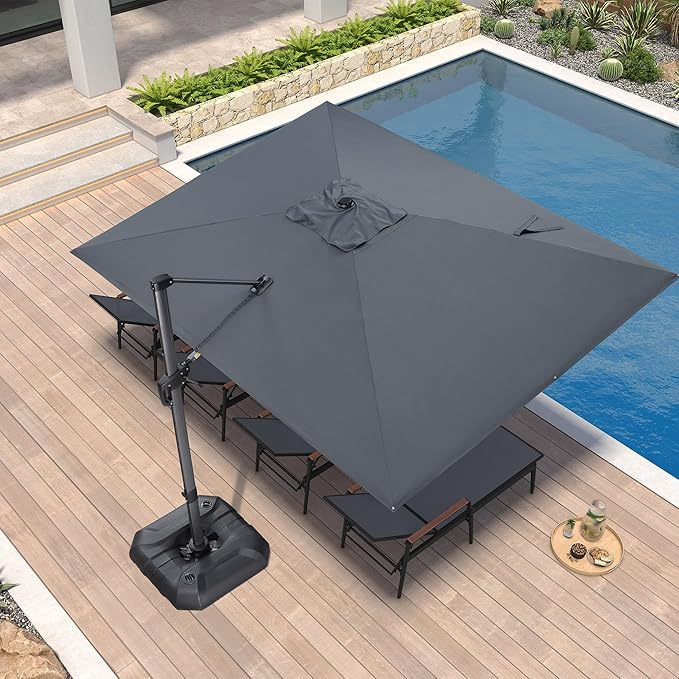 PURPLE LEAF 9' X 11.5' Patio Umbrella with Base Outdoor Cantilever Rectangle Umbrella Offset Umbrella with 360-degree Rotation for Garden Deck Pool Patio, Grey