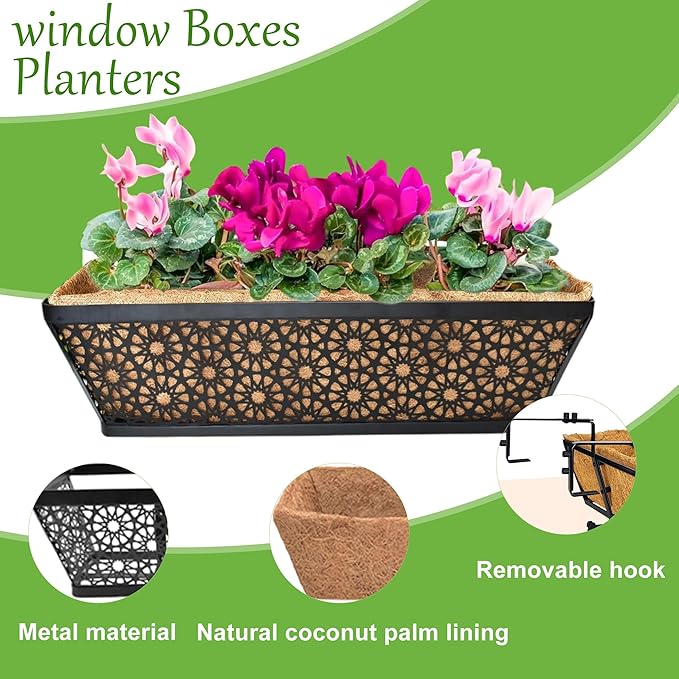 4 Pack 30" Railing Planter Window Box Deck Balcony Rail Planter Black Metal Flower Basket Horse Trough Planter with Coco Fiber Liner for Porch Fence Patio Outdoor