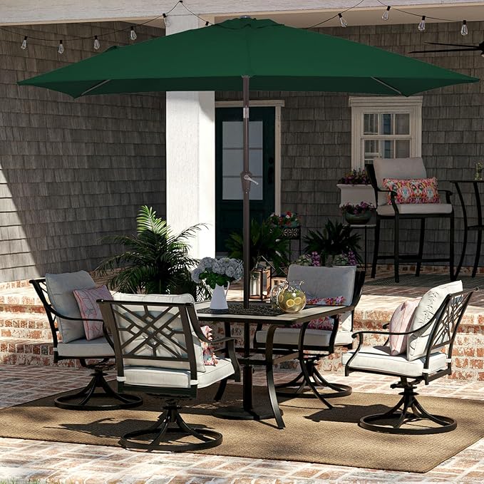 JEAREY 6.5x10 ft Rectangular Patio Umbrellas Rectangle Outdoor Umbrella with Push Button Tilt and Crank, Market Table Umbrella 6 Sturdy Ribs UV Protection for Poolside Garden Backyard Deck, Dark Green