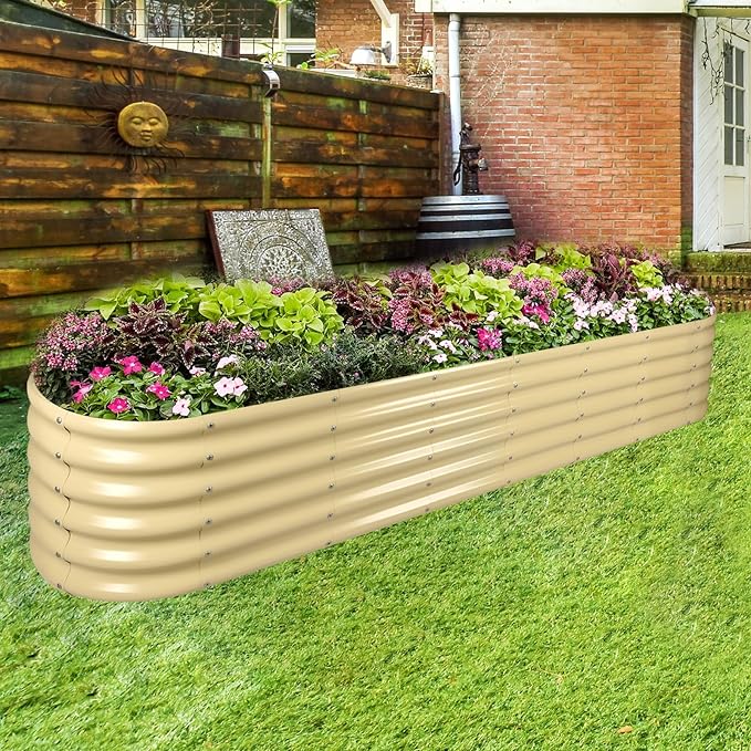 Land Guard 8×2×1.5ft Galvanized Raised Garden Bed Kit, Raised Garden Boxes Outdoor, Oval Metal Raised Garden Beds for Vegetables, Cream Yellow
