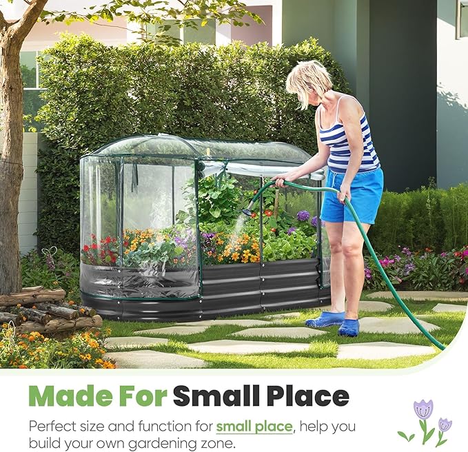 KING BIRD Raised Garden Bed with Cover Galvanized Oval Planter Garden Box Outdoor for Gardening, Vegetables, Flowers 71x36x12 in, Clear