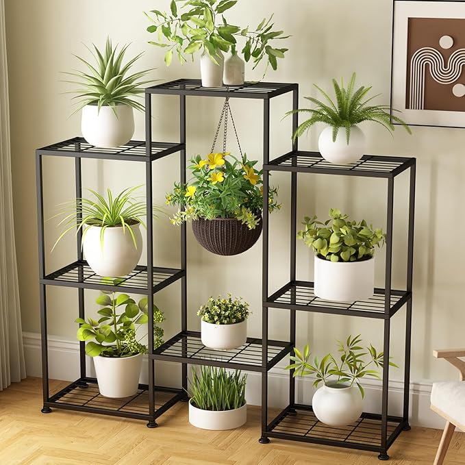 Metal Plant Stand Indoor Metal Plant Stands Outdoor Tiered Plant Shelf for Multiple Plants, 4 Tiers 8 Potted Plant Rack Holder Garden Shelves Flower Stand for Living Room Patio Corner (8 Tiers-B)