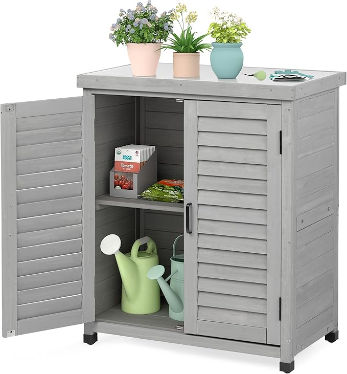 Outdoor Storage Cabinet & Potting Bench Table with Metal Top, Wooden Patio Furniture, Garden Workstation (Accent Grey, 36x31x17in)