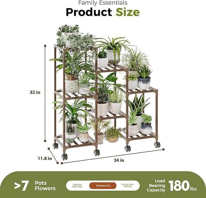 Bamworld Plant Stand with Wheels for Indoor Plants Wood Outdoor Tiered Shelf 3 Tire 7 Potted Ladder Plant Holder Table Pot Stand for Window Garden Balcony Patio Living Room (natureDL)