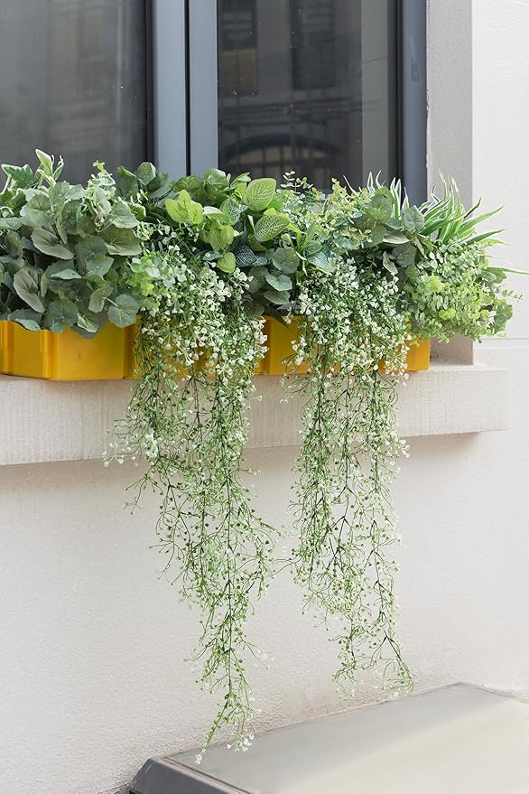 19Pcs Outdoor Artificial Boxwood UV Resistant Fake Stems Plants, Faux Plastic Greenery for Indoor Outside Hanging Plants Garden Porch Window Box Home Wedding Farmhouse Décor