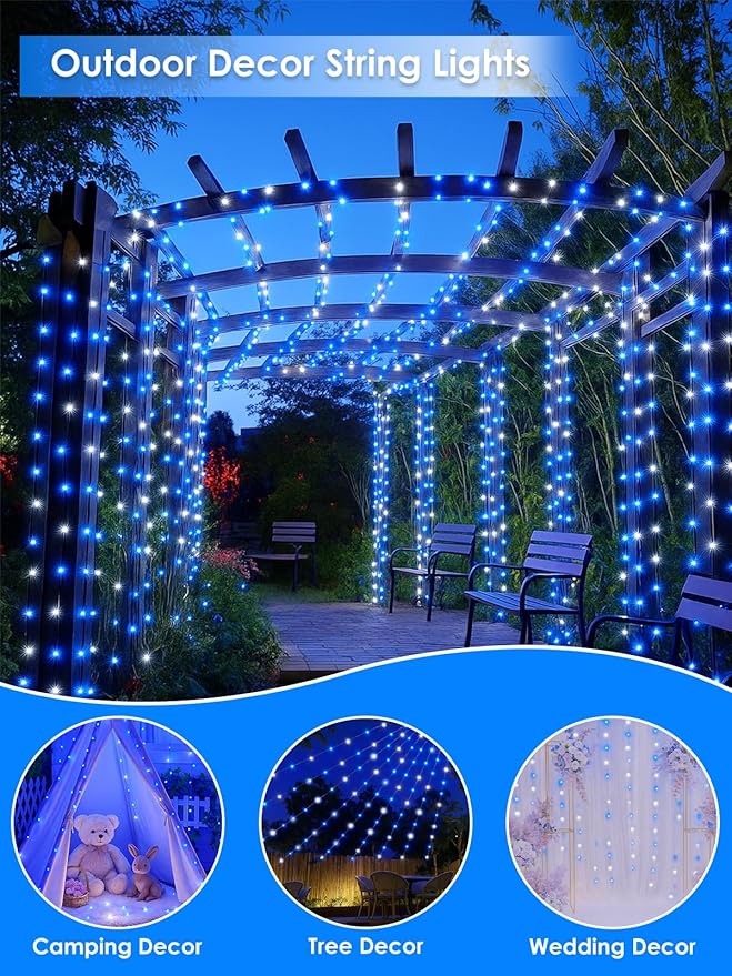 66Ft 200 LED Fairy Lights Plug in, Waterproof String Lights Outdoor & Indoor 8 Modes Christmas Lights Bedroom Decor, Timer Twinkle Light for Girl's Room Garden Party Christmas Decorations (Blue&White)