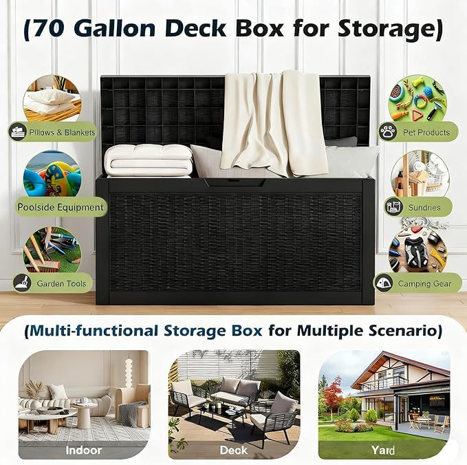 Outdoor Storage Box, Resin Deck Boxes Indoor and outdoor, Waterproof Storage Box Lockable Lid (Black, 70 Gallon)