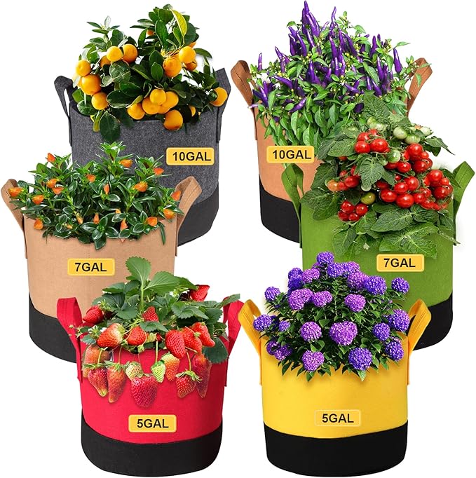 6-Pack 5/7/10 Gallon Grow Bags - 350G Heavy Duty Fabric Pots with Handles, Multi-Size Planter Bags for Potatoes Tomatoes Vegetables Fruit Flowers Herbs