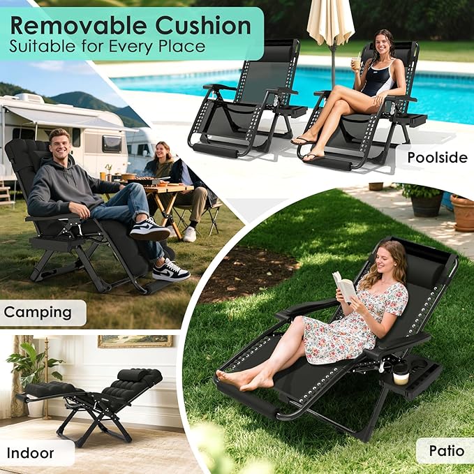 Suteck Oversized Zero Gravity Chair,33In XXL Lounge Chair w/Removable Cushion&Headrest, Reclining Camping Chair w/Upgraded Lock and Footrest, Reclining Patio Chairs Recliner for Indoor Outdoor,500LBS