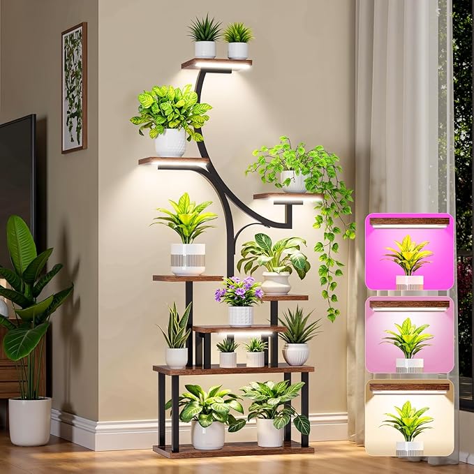 [2026 New Upgraded] Plant Stand Indoor with 4 Grow Lights & 3 Colors, 8 Tiered Corner Plant Shelf, 63" Tall Plant Stands for Indoor Plants Multiple, Metal Flower Display Shelves Holder for Home
