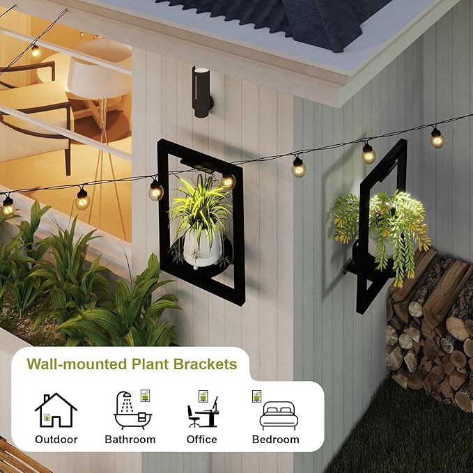BAOYOUNI 2 Pack Picture Frame Wall Plant Holder with Light,Metal Window Plant Shelf，Modern Floating Plant Stand for Indoor Outdoor Patio Balcony Garden Living Room Bedroom