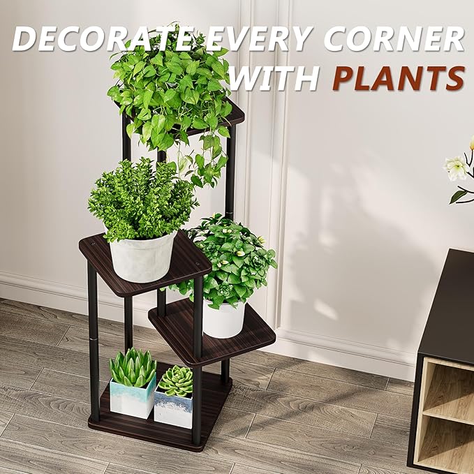 AZERPIAN Plant Stand 4 Tier Indoor Metal Flower Shelf for Multiple Plants Corner Tall Flower Holders for Patio Garden Living Room Balcony Bedroom, Black oak