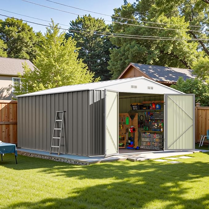 Patiowell 10 x 12 FT Metal Storage Shed for Outdoor, Steel Yard Shed with Design of Lockable Doors, Utility and Tool Storage for Garden, Backyard, Patio, Outside use, Gray