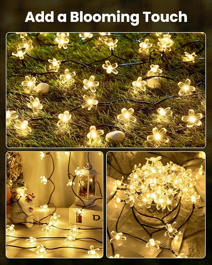 Brightown 2 Pack Total 52FT 120 LED Solar String Lights Flower Outdoor Waterproof Fairy Lights for Garden Yard Fence Patio Christmas Tree Wedding Party Decor, Warm White