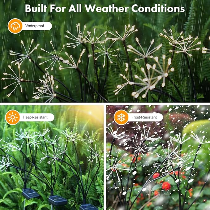 Kwaiffeo Solar Garden Light 4 Pack Outdoor Waterproof Firework Lights with 240 LEDs Twinkling Fairy Solar Lights Outdoor Garden Yard Pathway Decor, Gardening Gifts for Women Mothers Day (Warm White)