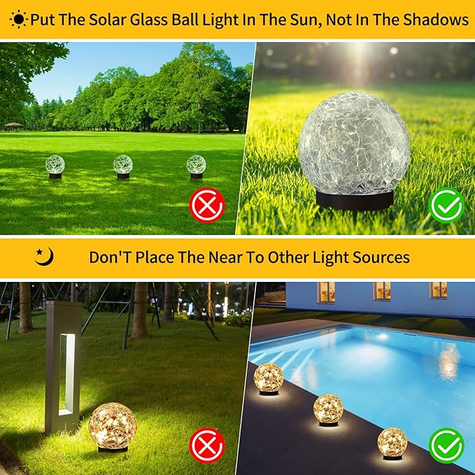 Solar Globe Lights Outdoor Waterproof - Cracked Glass Ball Lights for Garden, Patio, Yard, Lawn and Backyard Decor - Solar Orbs for Outside Decorations