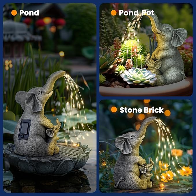 Solar Garden Outdoor Statue with 30 LED Lights - Lawn Decor Elephant Figurine for Patio, Balcony, Yard Ornament - Unique Housewarming Lucky Elephant Mother Gift