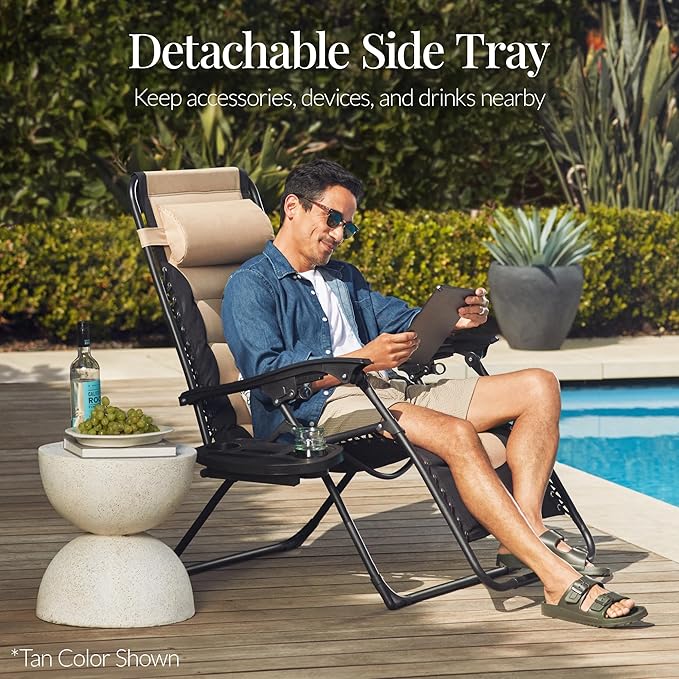 Best Choice Products Oversized Padded Zero Gravity Chair, Folding Outdoor Patio Recliner, XL Anti Gravity Lounger for Backyard w/Headrest, Cup Holder, Side Tray, Polyester Mesh - Navy/Brown