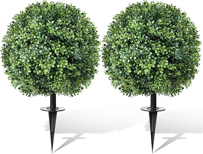 Artificial Topiary Bushes for Outdoors with Spike, Boxwood Ball Fake Shrubs UV Resistant Faux Plants for Indoor Outdoor Fall Thanksgiving Halloween Decor (Artificial Topiary Boxwood Ball Tree)