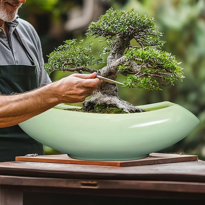 Ceramic Bonsai Pots - Large Succulent Planter 18 Inch Plant Pot Indoor Succulent Pot with Drainage Hole Outdoor Planter Bonsai Tree Pot for House Home Garden Decor Green