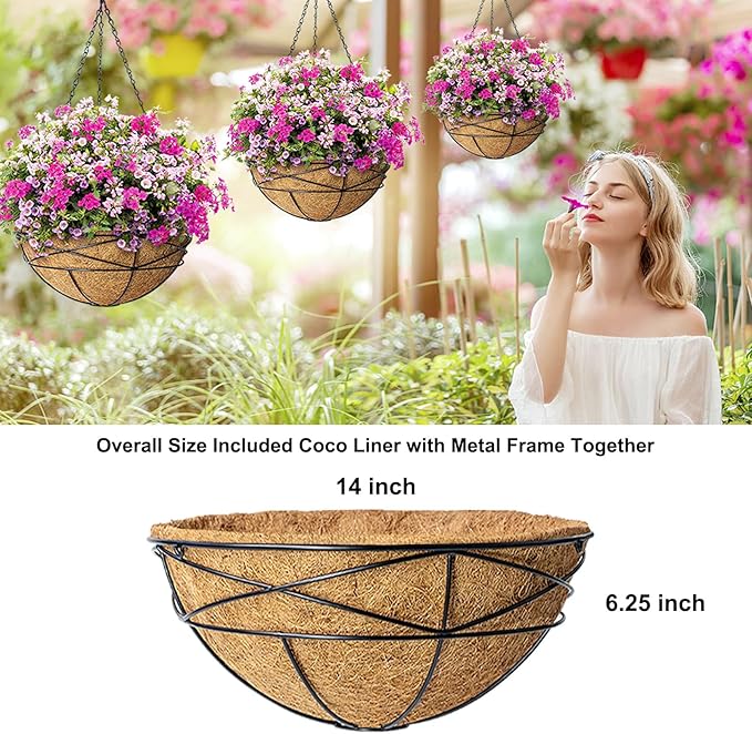 4 Pack 14 Inch Hanging Flower Baskets for Outdoor Plants Large Metal Wire Planters with Coco Liner Pot for Home Planting Black Watering Plant Holders for Outside Garden