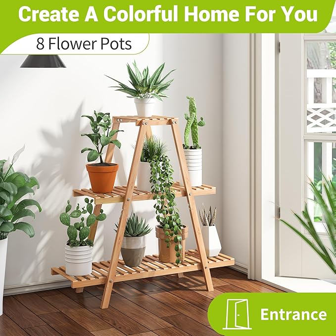 BMOSU Plant Stand Bamboo for Indoor Outdoor Tiered Plant Shelf 8 Potted Flower Holder Ladder Rack Garden Balcony Living Room Patio(3 Tier Natural)