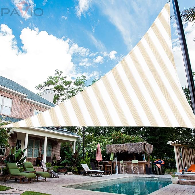 Patio Paradise 5' x 5' x 5' Sun Shade Sail Triangle Canopy Shade Cloth Fabric Sunlight Block Patio Pergola Cover HDPE Deck Awning for Outdoor Backyard Roof Shading, Beige White Strip