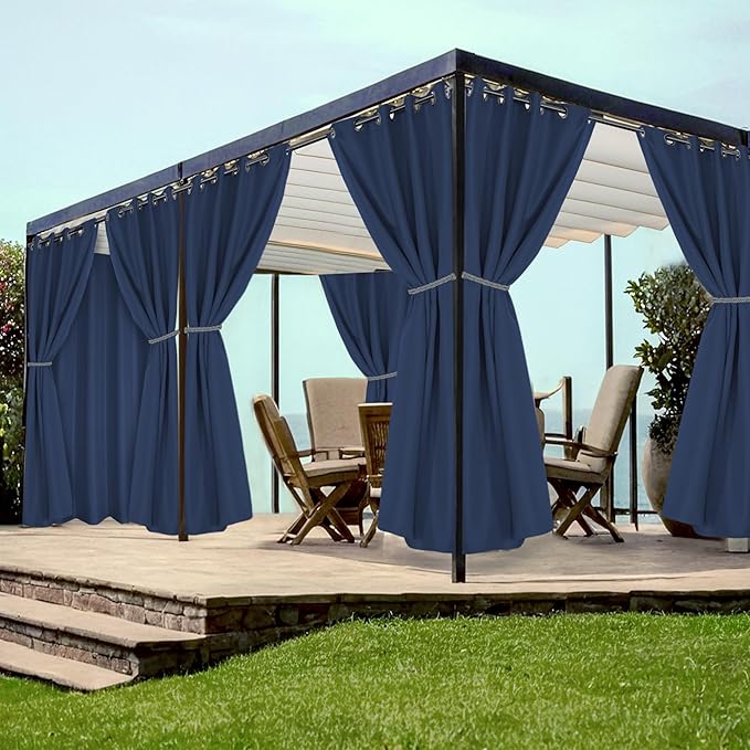 HolidayIdeas Grommet Outdoor Curtains for Patio Waterproof 8 Pcs All Weather Balcony Outside Curtains for Apartments, Gazebo, Pergolas, Porch, 54x120 Inch, Navy