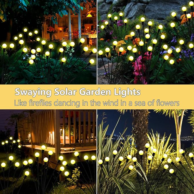 Solar Garden Lights Outdoor, 6 Pack 60 LED Solar Firefly Lights Waterproof, Sway by Wind, Swaying Light for Yard Patio Backyard Garden Planter Flower Bed Pathway Outdoor Decoration (Warm White)