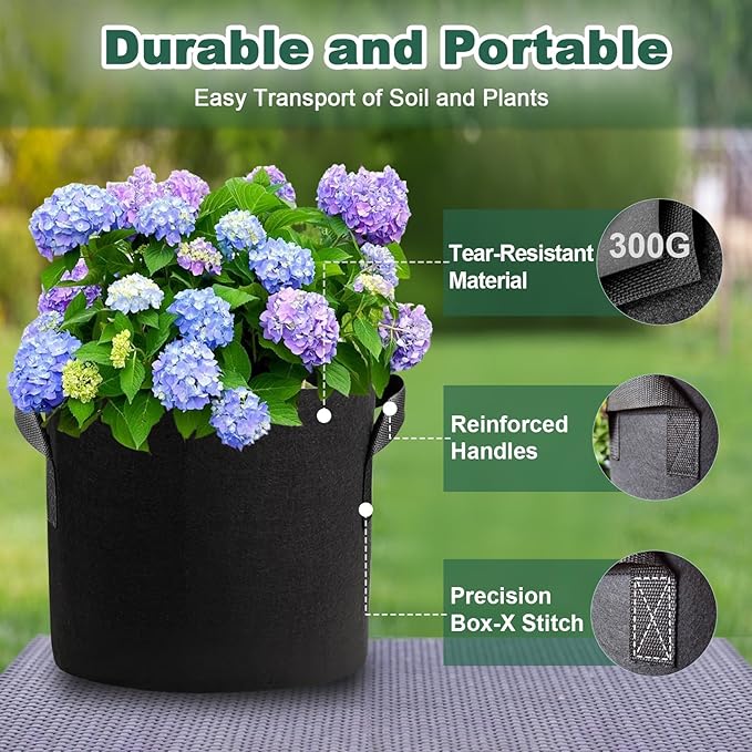5 Pack 3 Gallon Fabric Grow Bags, Heavy Duty 300G Thickened Aeration Nonwoven Fabric Garden Pots with Handles, Planting Bag for Tomato, Potato, Strawberry, Vegetable, Fruits and Flowers
