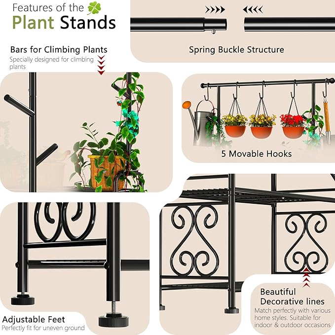 GIOTORENT Plant Stand Indoor Outdoor, 4-Tier Heavy Duty Metal Shelves, Display up to 17 Multiple Plants, Tall Plant Holder with Plant Hanger, Suit for Patio Living Room Garden Balcony, 5 Hooks, Black