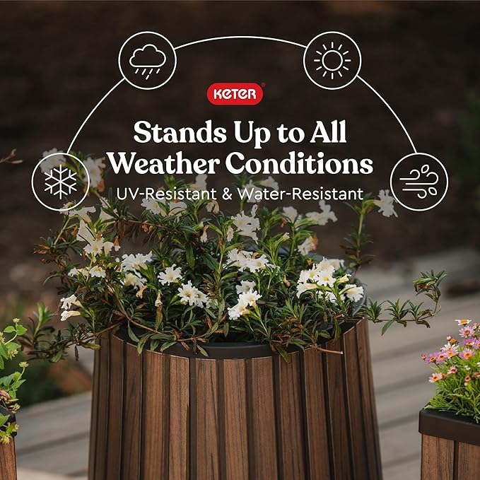 Keter Signature Conic 23.8 Inch Tall Round Large Wood Look Planter for Indoor or Outdoor Flower Pot Ideal for Patio Deck and Front Porch Decor, Rosewood
