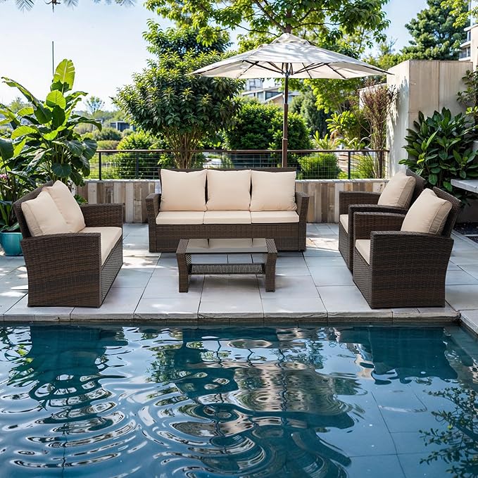 Wisteria Lane 5 Piece Outdoor Patio Furniture Sets, Wicker Conversation Set for Porch Deck, Brown Rattan Sofa Chair with Cushion