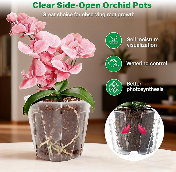 5 Inch Side-Open Orchid Pots 6 Pack, Clear Plastic Nursery Planters with Detachable Side Walls for Easy Repotting, Breathable Slotted Flower Pots with Drainage for Root Health
