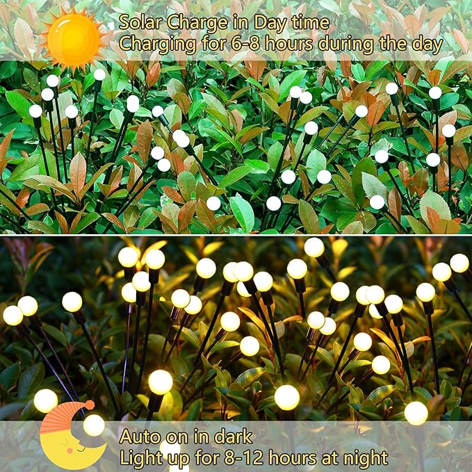 Solar Garden Lights Outdoor, 2 Pack 20 LED Solar Firefly Lights Waterproof, Sway by Wind, Swaying Light for Yard Patio Backyard Garden Planter Flower Bed Pathway Outdoor Decoration (Warm White)
