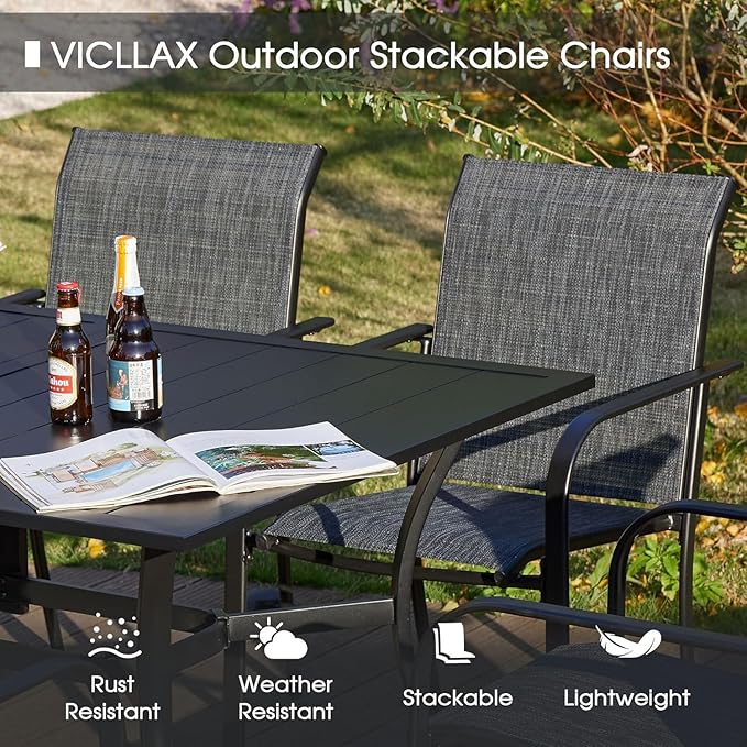 VICLLAX Large Patio Dining Furniture Set, Outdoor Dining Set for 10-60" Round Outdoor Table and Patio Stackable Chairs, Grey Tabletop and Dark Grey Fabric