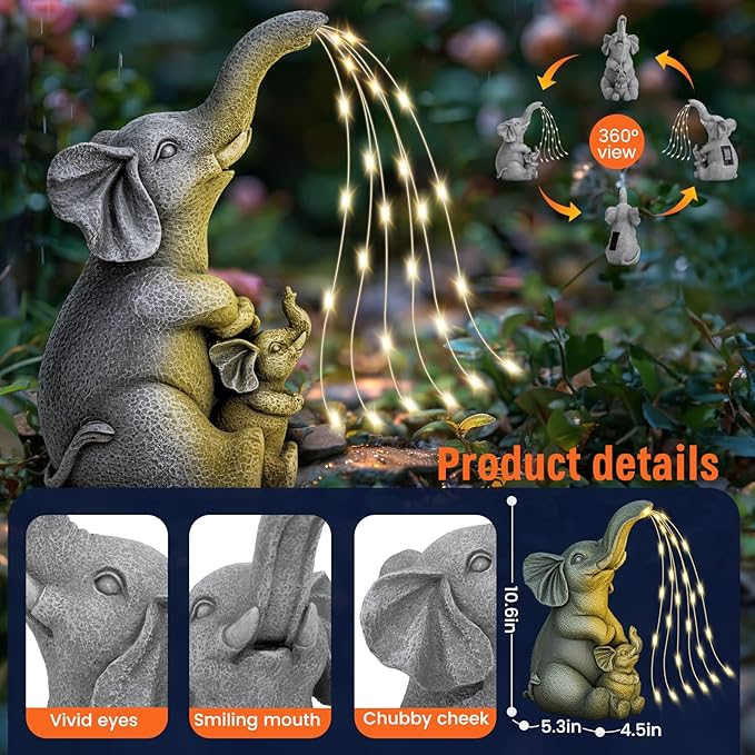 Solar Garden Outdoor Statue with 30 LED Lights - Lawn Decor Elephant Figurine for Patio, Balcony, Yard Ornament - Unique Housewarming Lucky Elephant Mother Gift