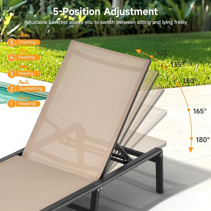 ONBRILL Aluminum Chaise Lounge Chair Outdoor, Foldable & Assembly Free Outdoor Lounge Chair with 5 Position Adjustable Backrest, Patio Pool Lounge Chairs for Outside Poolside Beach Lawn, 1PC, Khaki