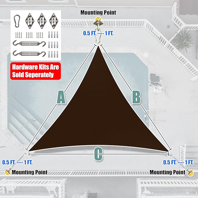 Amgo Custom Size 24' x 24' x 24' Brown Triangle Sun Shade Sail UPF50+ AGTAPRT12, Order to Make Canopy Awning, 95% UV Blockage, Water & Air Permeable, Commercial Standard (We Customize)