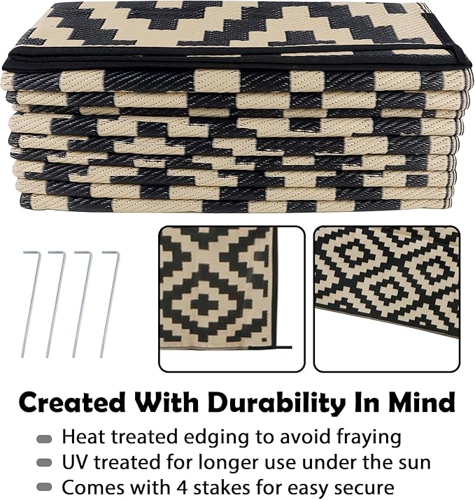 SAND MINE Waterproof Outdoor Rug 10x20 ft, Plastic Reversible Rug, Modern Area Rug, Large Floor Mat for Outdoors, RV, Patio, Backyard, Deck, Picnic, Beach, Camping, Black & Beige