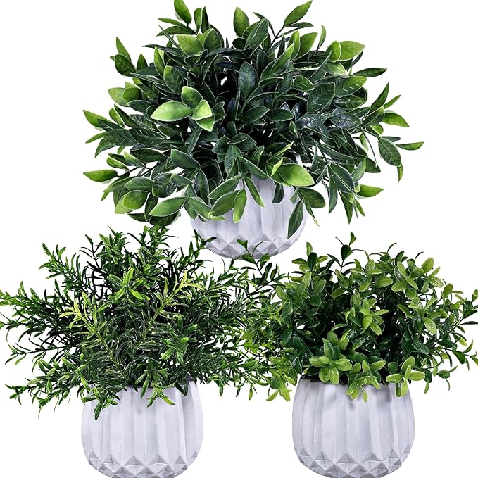 Winlyn 3 Pcs Faux Potted Plants Set - Artificial Eucalyptus, Rosemary, Boxwood Greenery in Small White Geometric Planters for Indoor Outdoor Desk Table Centerpiece Shelf Windowsill Home Office Decor