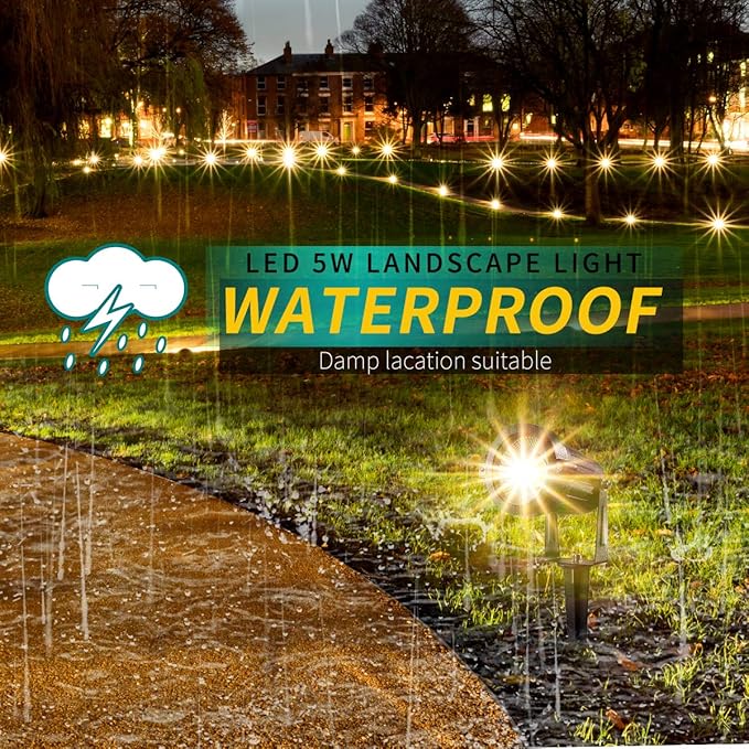 LED Landscape Lights,5W 120V AC Outdoor Pathway Garden Yard Spotlight,IP65 Waterproof Garden Flood Light,Outdoor Spotlight with Stake,UL Cord 5-ft with Plug (Pack of 2, Warm White)