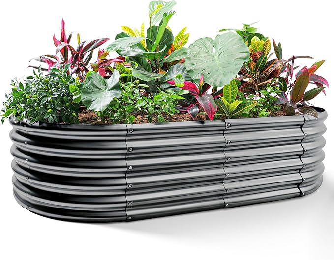 Land Guard 6x3x1.5ft Galvanized Raised Garden Bed Kit, Metal Planter Boxes Outdoor, Oval Metal Raised Garden Bed for Vegetables, Flowers (Dark Gray)