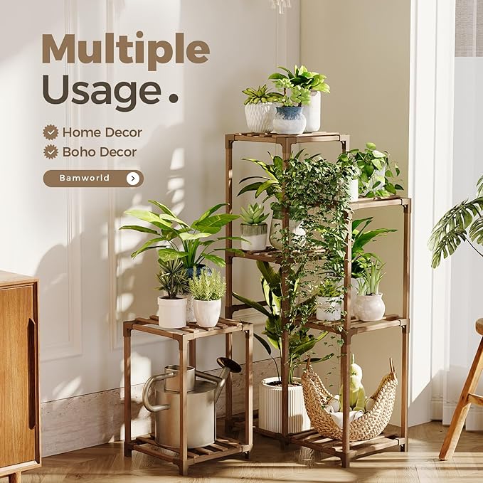 Bamworld Plant Stand Indoor Corner Plant Shelf Wood Plant Holder for Multiple Plants Tall Flower Stands Plants Table Rack Garden Patio Lawn Window 03H, Brown