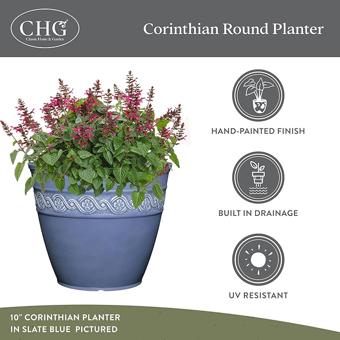 Classic Home and Garden Corinthian Resin Planter Pot - Outdoor & Indoor Plant Pot - Round Planter for Plants & Flowers (10" Storm Gray, Pack of 1)
