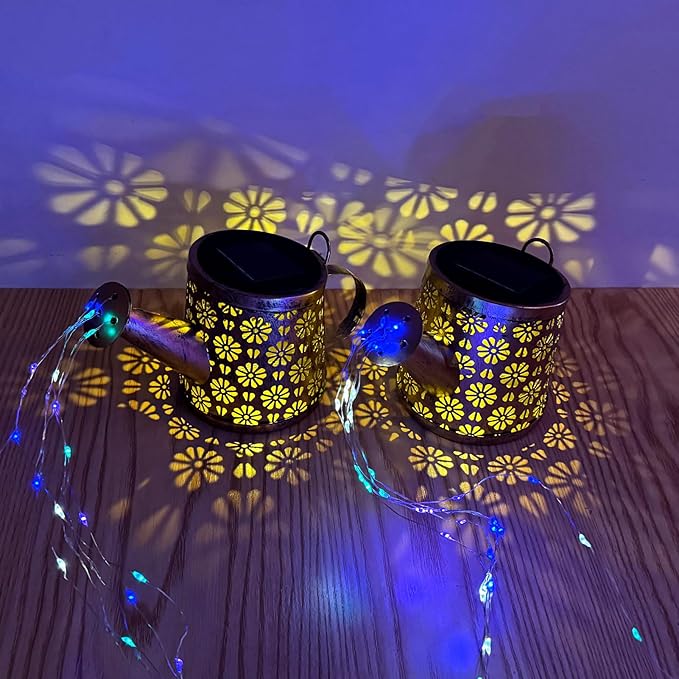 Solar Watering Can Lights Outdoor, IP65 Waterproof Garden Decor Solar Garden Light 8 Multi-Color Changing Modes One Pole Two Lights Outdoor Decorations for Yard, Lawn, Patio