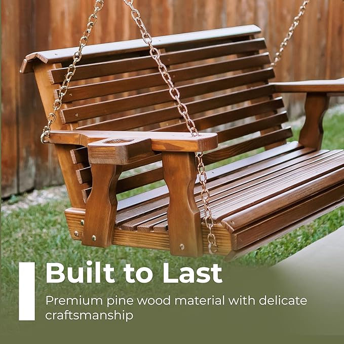 Amish Casual 6 Foot Roll Back Porch Swing with Cup Holders in Semi-Solid Black Stain - Amish Made in The USA from Treated Pine Heavy Duty 700 Lb. Weight Capacity