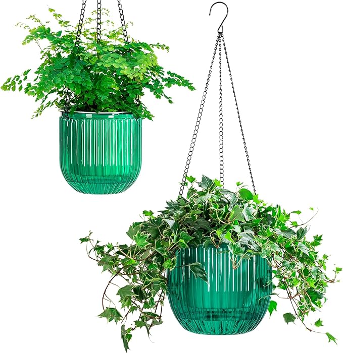 Melphoe 2 Pack Self Watering Hanging Planters Indoor Flower Pots, 5.3/8.3 Inch Outdoor Hanging Basket, Plant Hanger with 3Hooks Drainage Holes for Garden Home (Emerald)