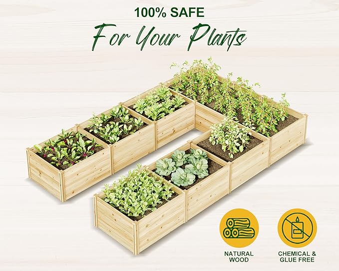AMERLIFE U-Shaped Raised Garden Bed, 7.5Wx12Dx1.6H Outdoor Wooden Raised Garden Bed Planter with 19.6" Depth Planter Box